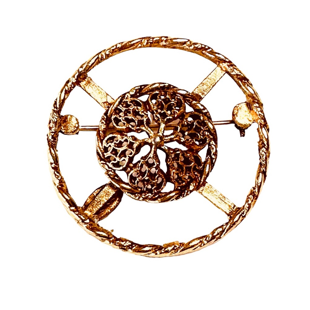 Vintage Pastelli Gold Tone Brooch with Floral Inset 1990’s Celestial Celtic